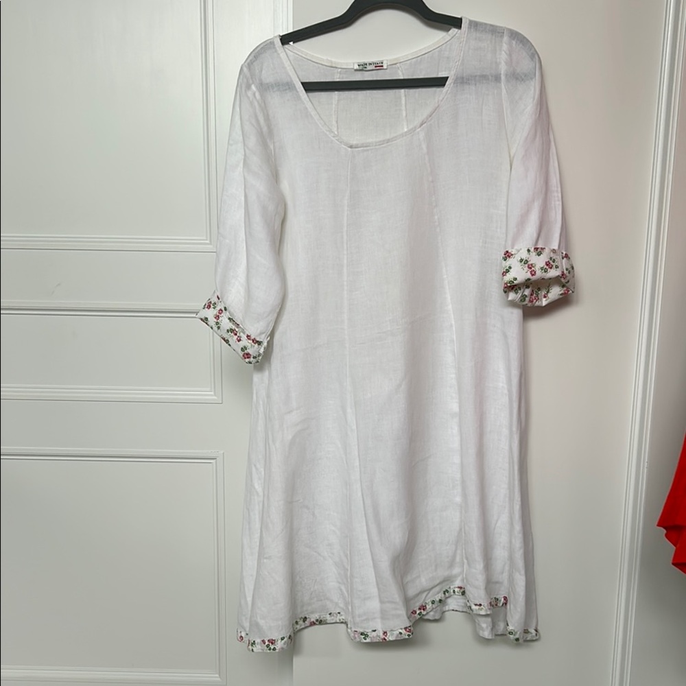 Linen White A line dress with delicate Floral-Trim